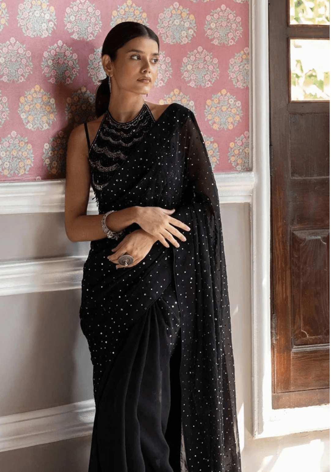 Black Embroidered Organza Saree - Ensemble by Monika