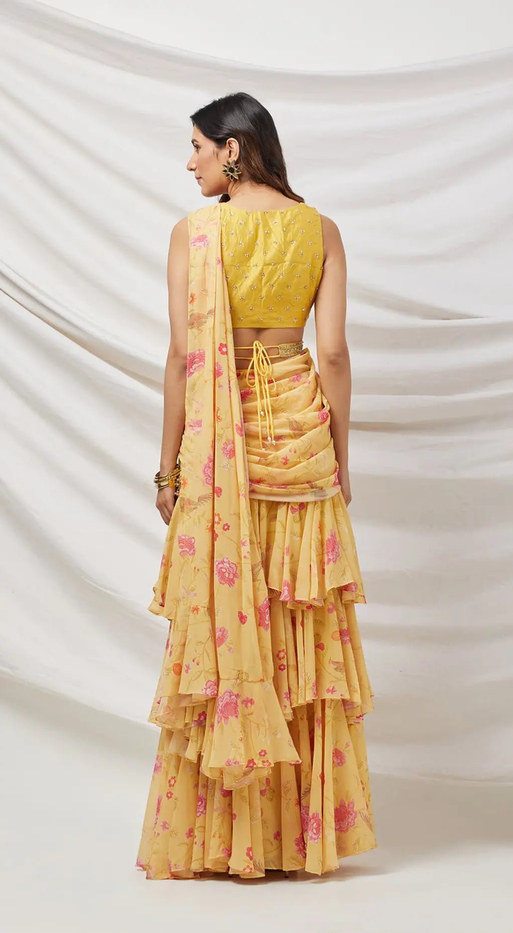 Embroidered Draped Saree Set (Yellow) - Ensemble by Monika