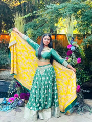 Emerald Green/Sunshine Yellow Banarsi Lehnga Set - Ensemble by Monika