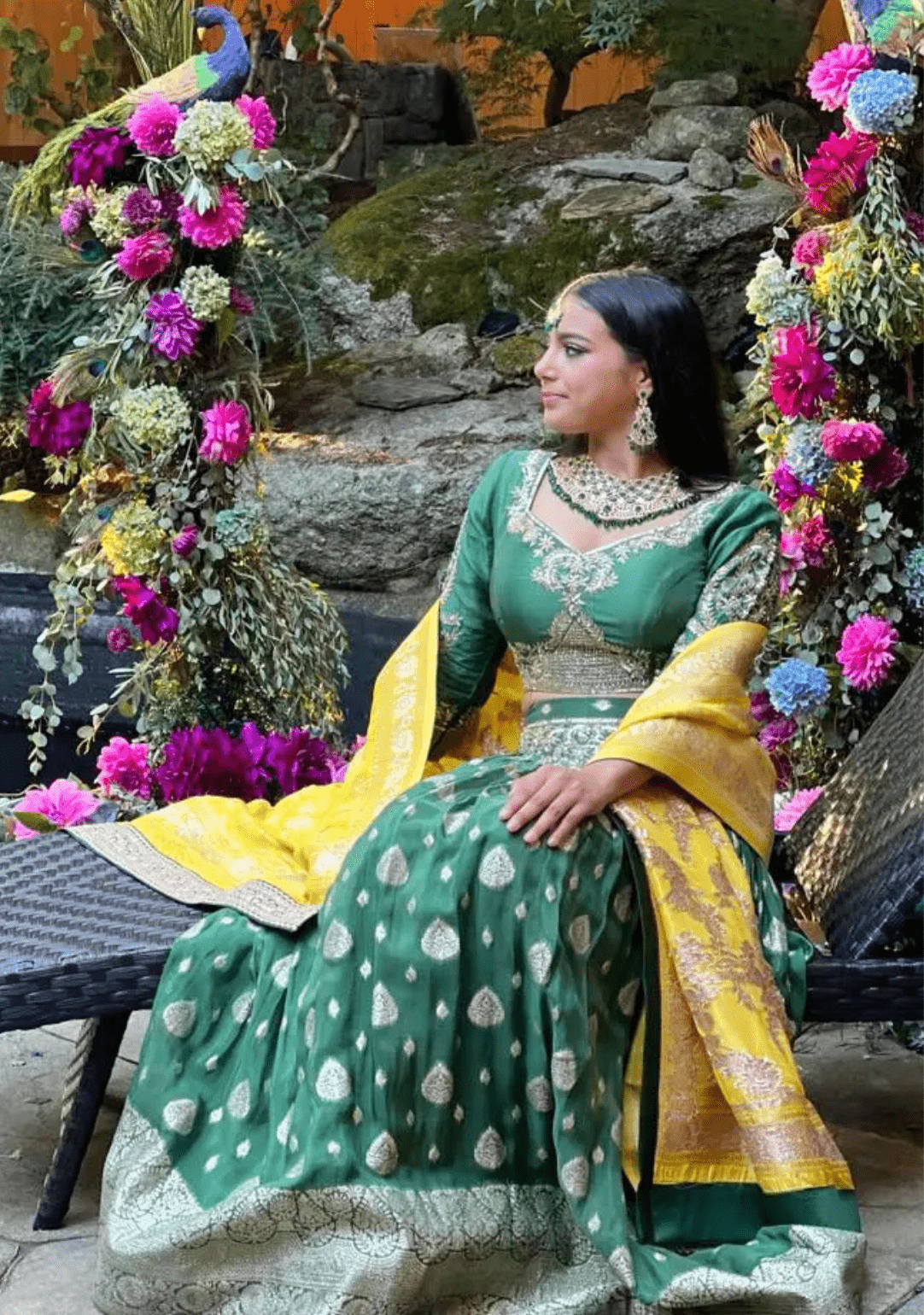 Emerald Green/Sunshine Yellow Banarsi Lehnga Set - Ensemble by Monika