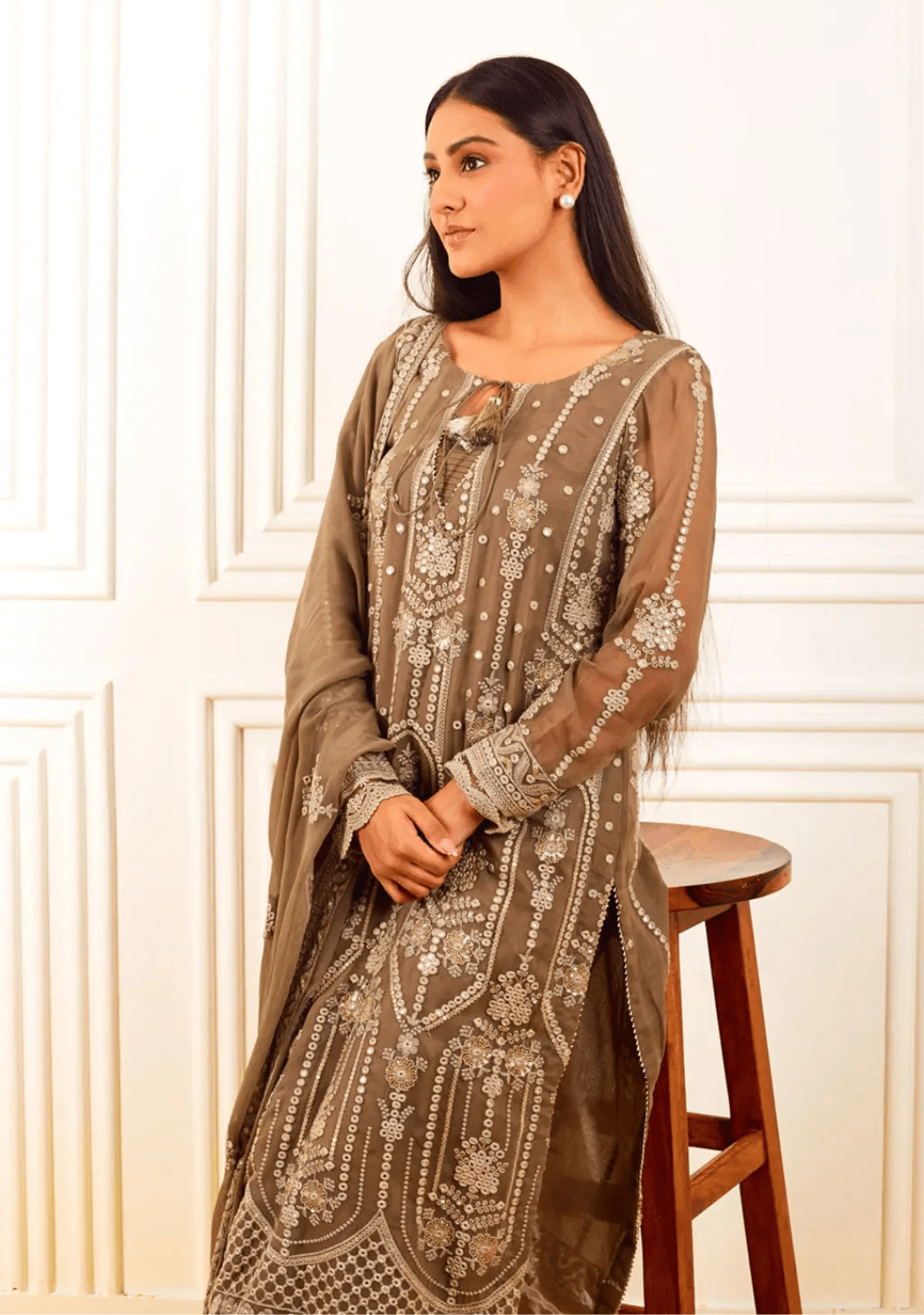 Georgette Chikankari all Over Embroidered Kurta with Faux Mirror Embroidery - Ensemble by Monika