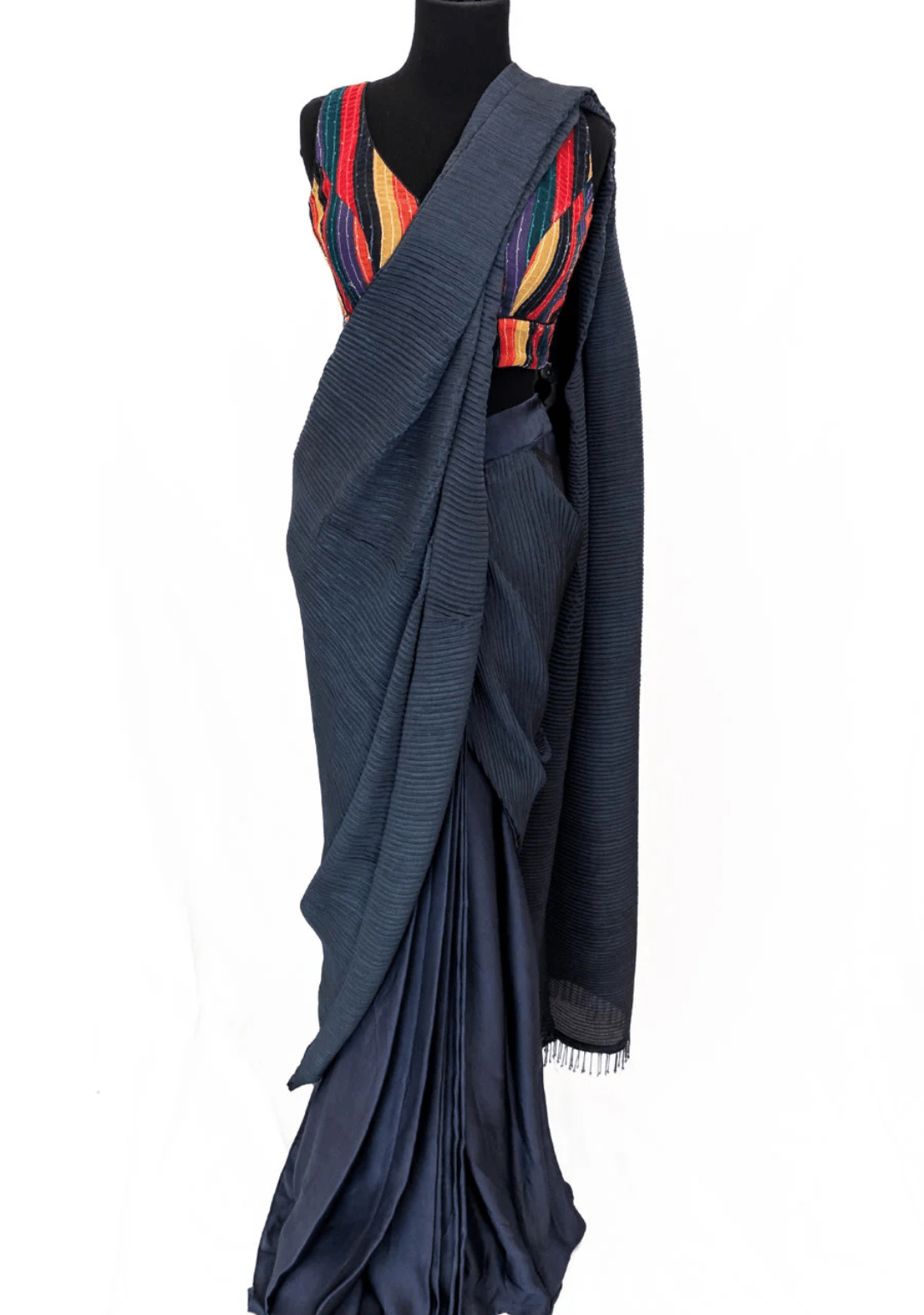 Grey Ready to Wear Saree with Multi Colored Blouse - Ensemble by Monika