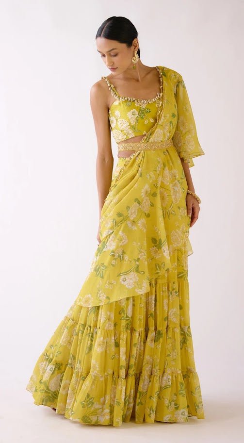 Lime Floral lehanga saree - Ensemble by Monika