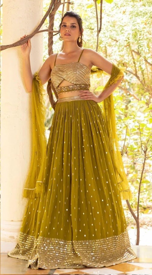 Lime sequins ruffle dupatta Lehanga - Ensemble by Monika