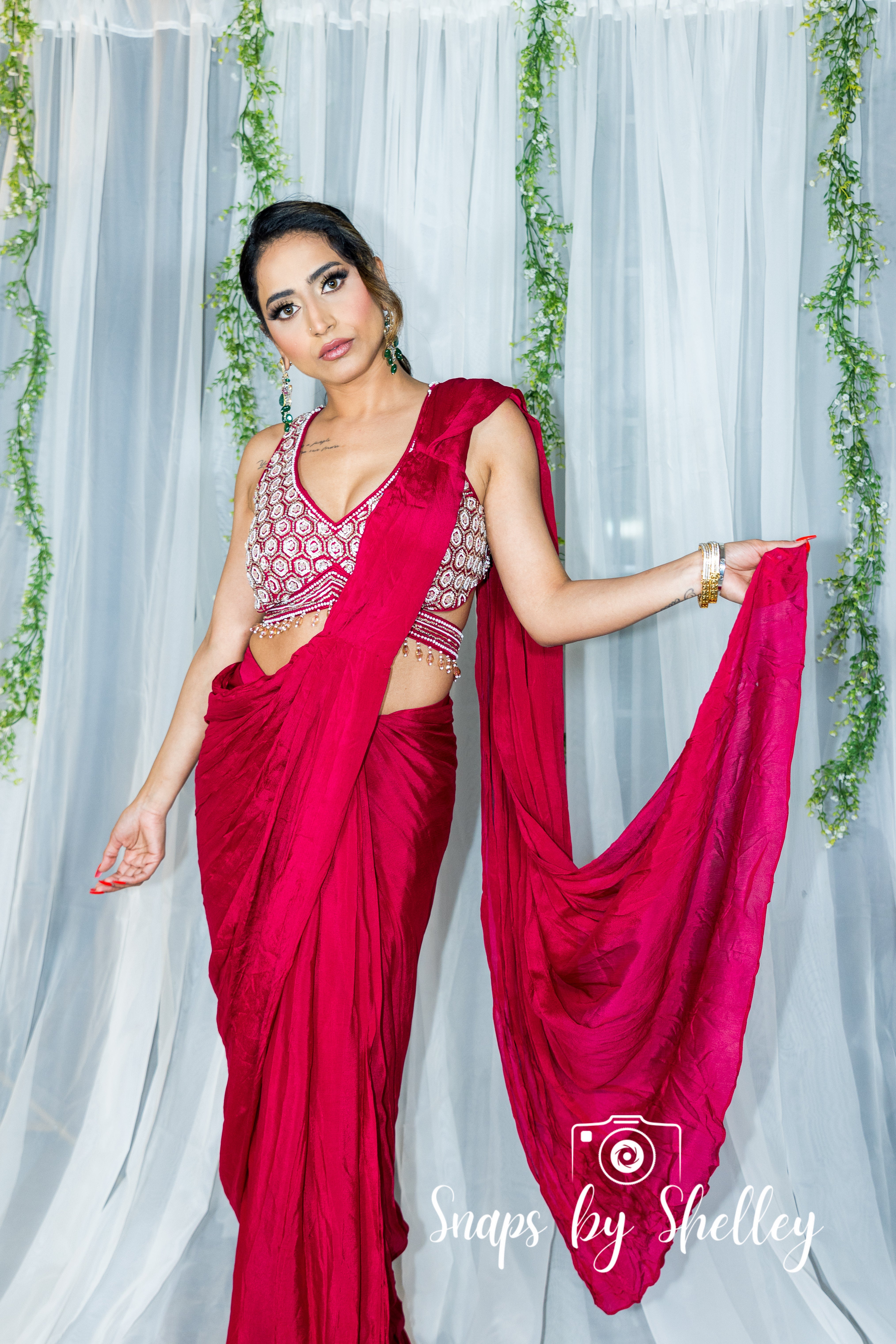 Magenta pearl embroidered blouse drape saree - Ensemble by Monika