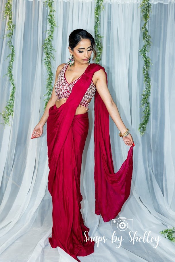 Magenta pearl embroidered blouse drape saree - Ensemble by Monika