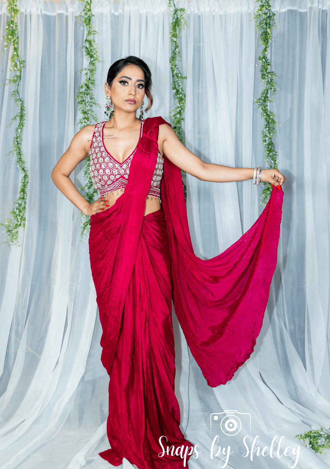 Magenta pearl embroidered blouse drape saree - Ensemble by Monika