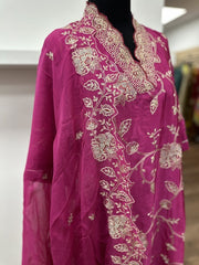 Magenta thread embroidered straight suit - Ensemble by Monika