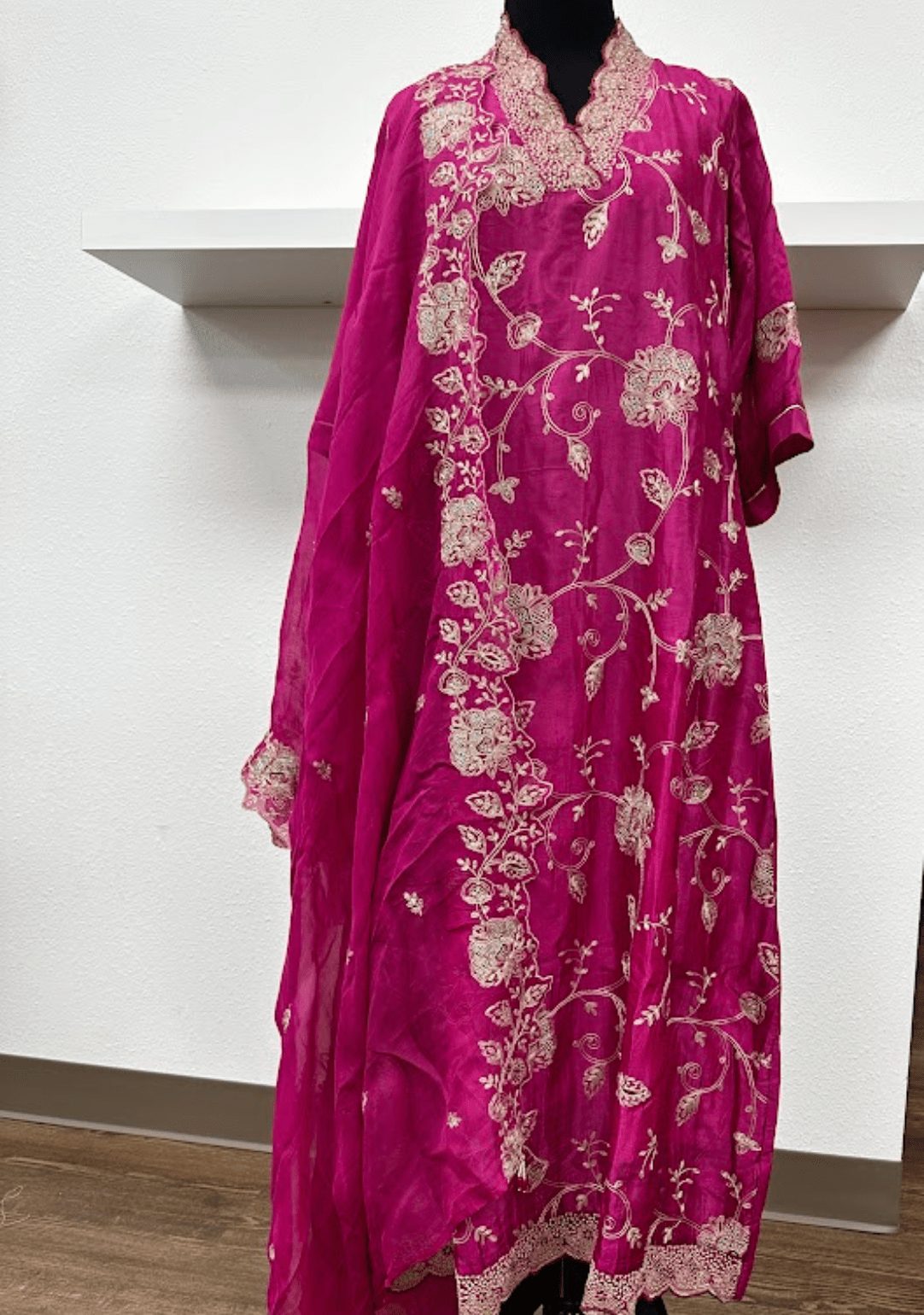 Magenta thread embroidered straight suit - Ensemble by Monika