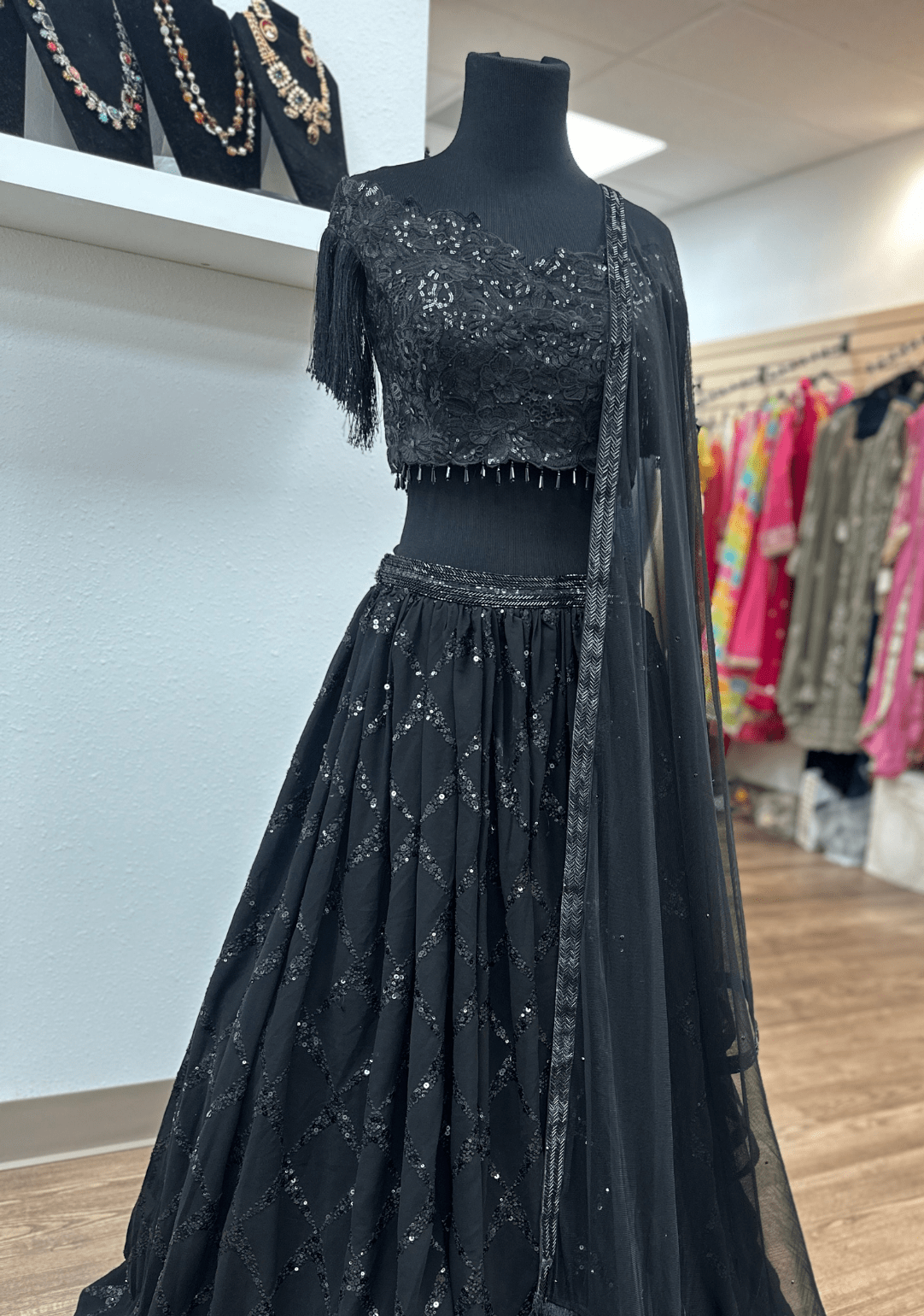 Tassled black sequins lehanga set - Ensemble by Monika