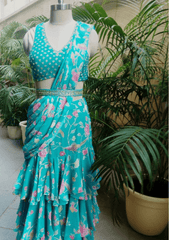 Teal floral ruffle saree - Ensemble by Monika